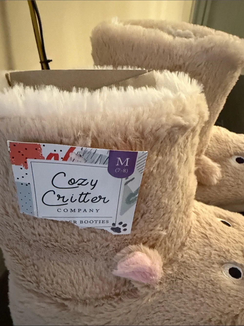 Plush Beige Kids Animal Bootie Slippers with Faux-Fur Lining